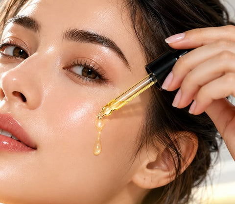 Applying Cosmecell Vitamin C + Peptide Serum with a dropper for a brighter, hydrated-looking glow