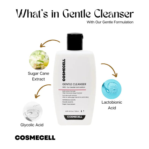 Cosmecell Gentle Cleanser bottle with sugar cane extract, glycolic and lactobionic acids