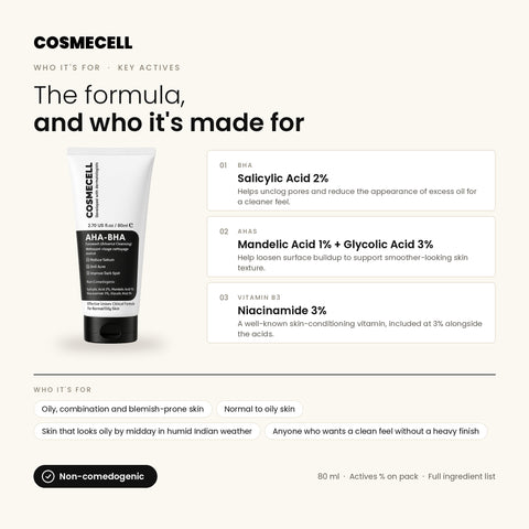 Who Cosmecell AHA-BHA Face Wash is for and its key actives: Salicylic Acid 2%, Mandelic Acid 1% + Glycolic Acid 3%, Niacinamide 3%