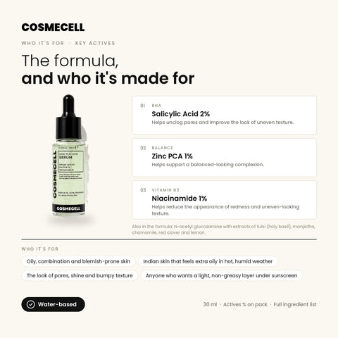 Who Cosmecell Salicylic Acid Serum 2% is for and its key actives: Salicylic Acid 2%, Zinc PCA 1%, Niacinamide 1%