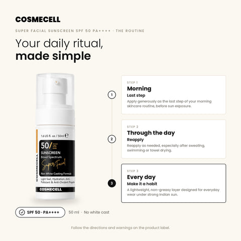 Cosmecell Super Facial Sunscreen SPF 50 PA++++ daily routine: Morning, Through the day, Every day
