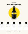 How to use Cosmecell VC-Peptide serum: cleanse, 2-3 drops, massage, moisturise, sunscreen