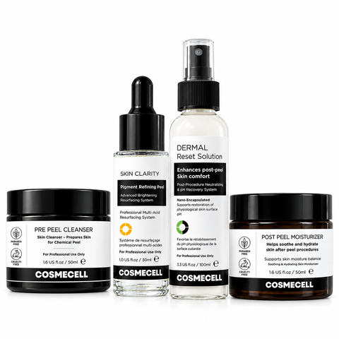 COSMECELL Pigmentation Protocol Kit — Pre-Peel Cleanser, Skin Clarity Peel, Dermal Reset Solution and Post Peel Moisturizer, the complete 4-step professional peel system