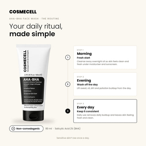 Cosmecell AHA-BHA Face Wash daily routine: Morning, Evening, Every day
