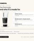 Who Cosmecell AHA-BHA Face Wash is for and its key actives: Salicylic Acid 2%, Mandelic Acid 1% + Glycolic Acid 3%, Niacinamide 3%