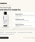 Who Cosmecell Gentle Glycolic Acid Cleanser is for and its key actives: Glycolic Acid 5%, Lactobionic Acid 2%, Sugar Cane Extract