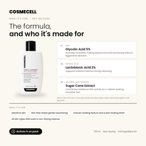 Who Cosmecell Gentle Glycolic Acid Cleanser is for and its key actives: Glycolic Acid 5%, Lactobionic Acid 2%, Sugar Cane Extract
