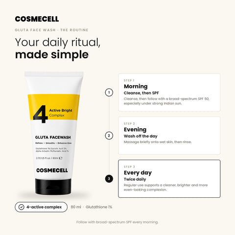 Cosmecell Glutathione Brightening Face Wash daily routine: morning with SPF, evening, twice daily