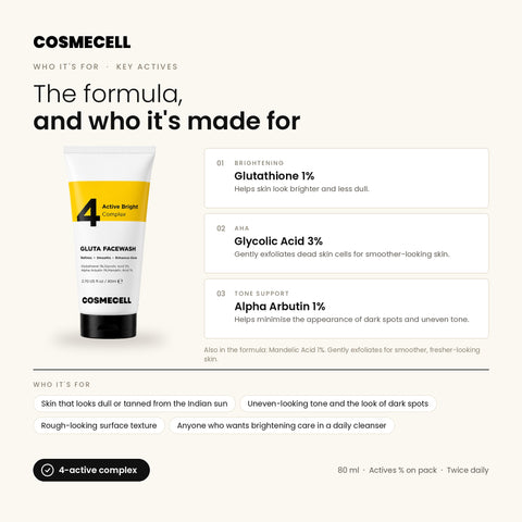 Who Cosmecell Glutathione Brightening Face Wash is for and its key actives: glutathione 1%, glycolic acid 3%, alpha arbutin 1%