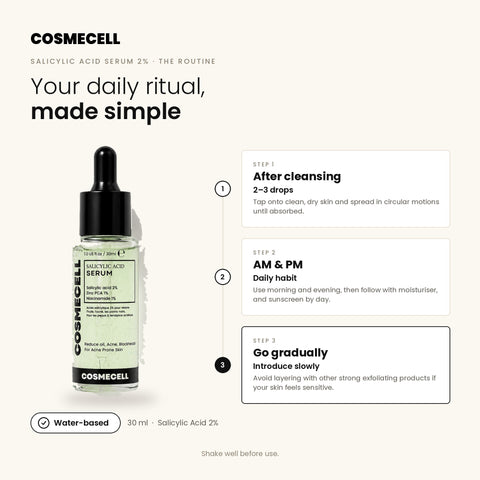 Cosmecell Salicylic Acid Serum 2% daily routine: After cleansing, AM & PM, Go gradually