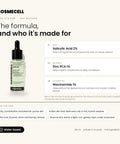 Who Cosmecell Salicylic Acid Serum 2% is for and its key actives: Salicylic Acid 2%, Zinc PCA 1%, Niacinamide 1%