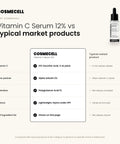Cosmecell Vitamin C Serum 12% compared with typical market products: 12% Ascorbic Acid with Alpha Arbutin 2% and Polyglutamic Acid 1%