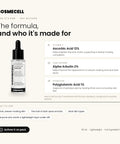 Who Cosmecell Vitamin C Serum 12% is for and its key actives: Ascorbic Acid 12%, Alpha Arbutin 2%, Polyglutamic Acid 1%