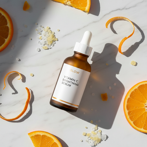 Cosmecell Vitamin C Serum 12% - Brightening flat lay with orange slices on marble