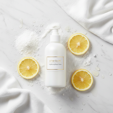 Cosmecell Brightening Body Lotion - radiant flat lay with kojic acid and citrus elements