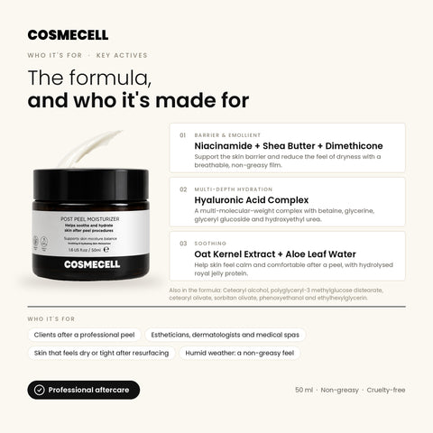 Cosmecell Post Peel Moisturizer key ingredients: niacinamide, hyaluronic acid complex, oat kernel extract and aloe